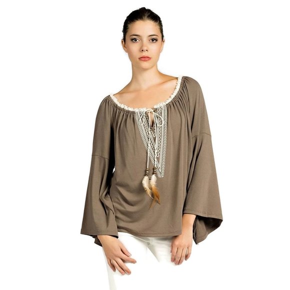 Kori Tops - kori America Embroidered Bell Sleeve Knit Top, Mocha
